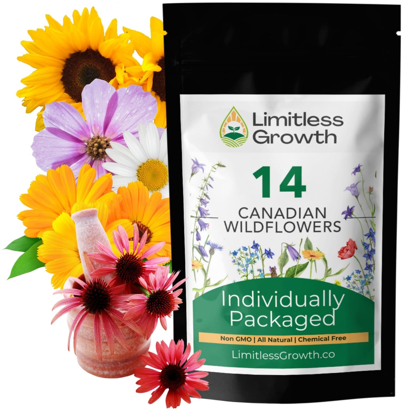 Canadian Wildflower 14 Individually Packed Varieties - 4000+ Seeds - Annual & Perennial Varieties for Planting in Canada - Non-GMO Bird Butterfly Bees