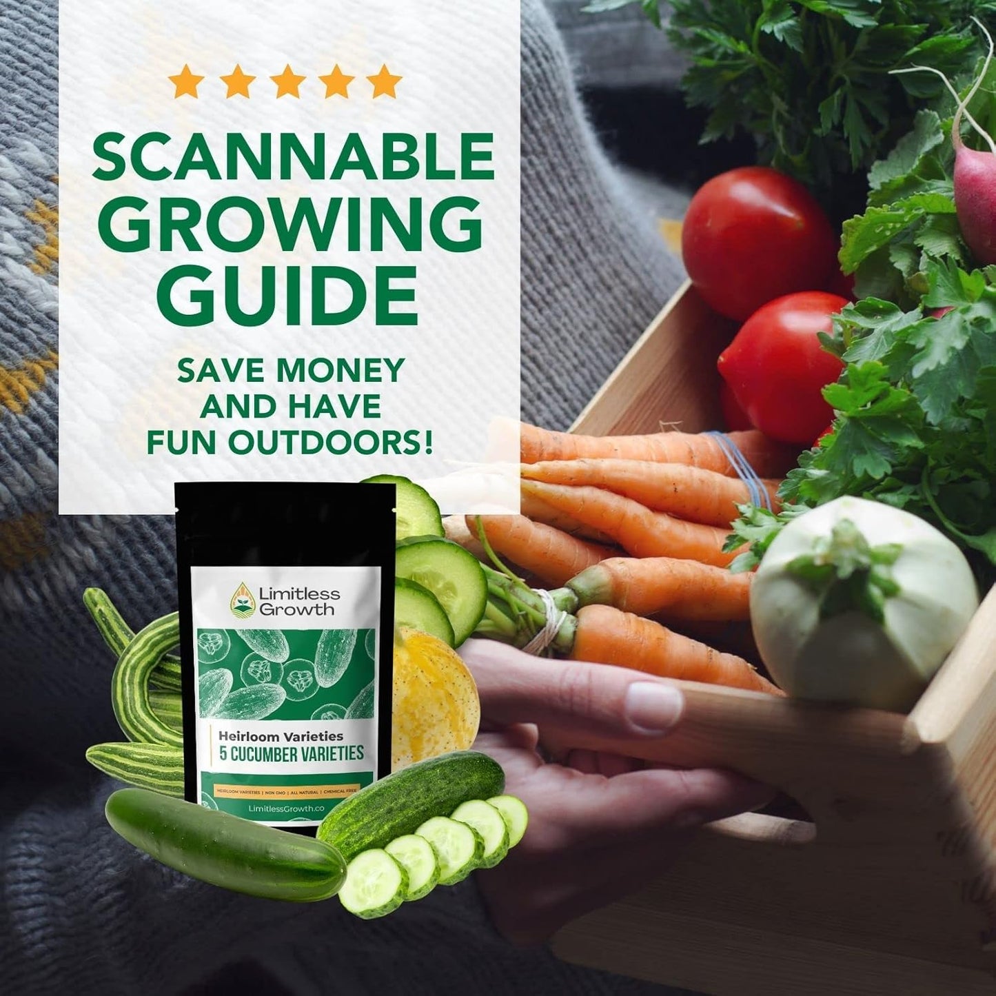 Cucumber Seed Variety Pack - 5 Heirloom Varieties - Lemon Cucumber, Chicago, Wisconsin, Armenian, Straight Eight