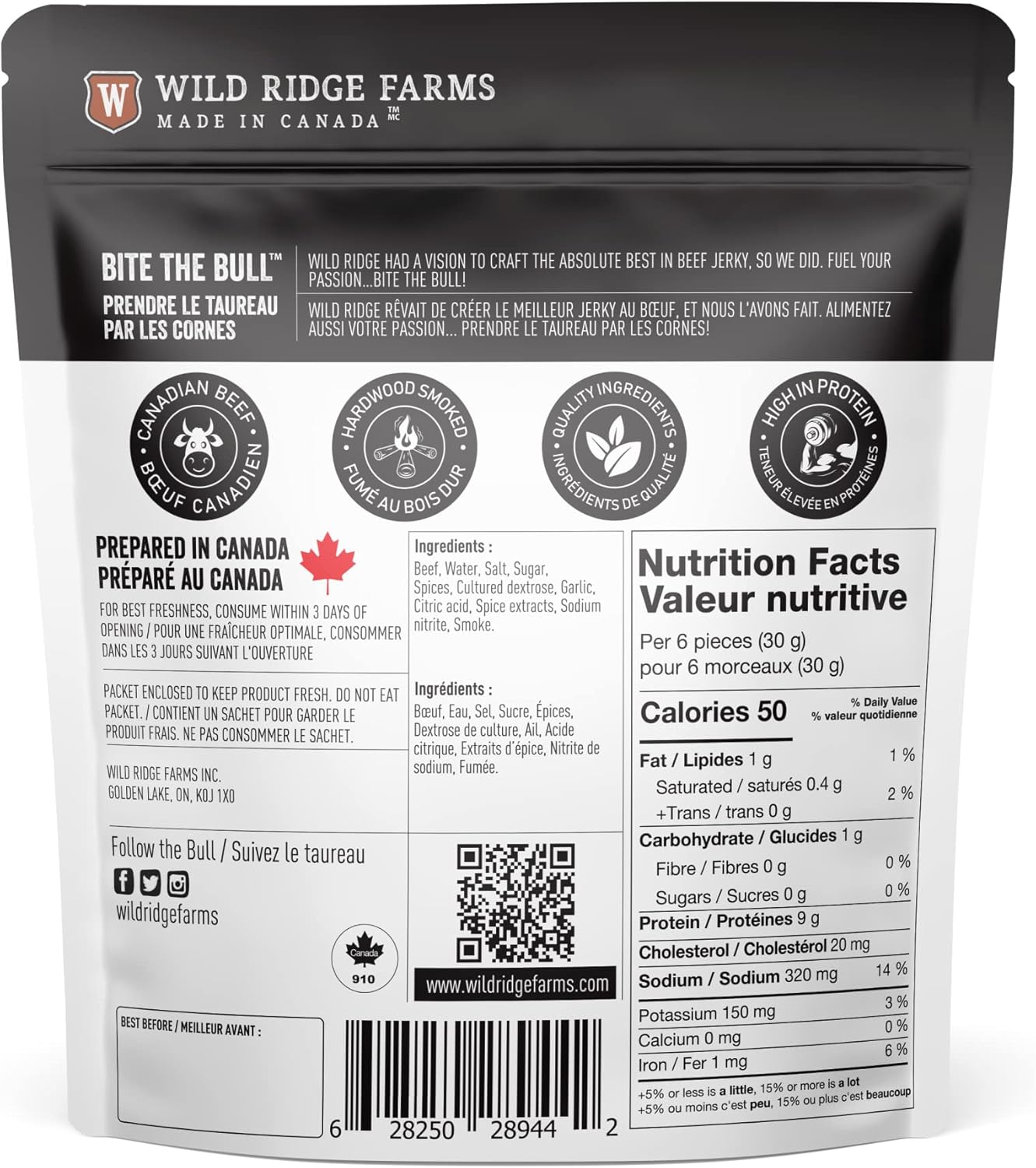 Wild Ridge Farms Jerky Cracked Black Pepper, Hardwood Smoked, Made in Canada , 70 g,