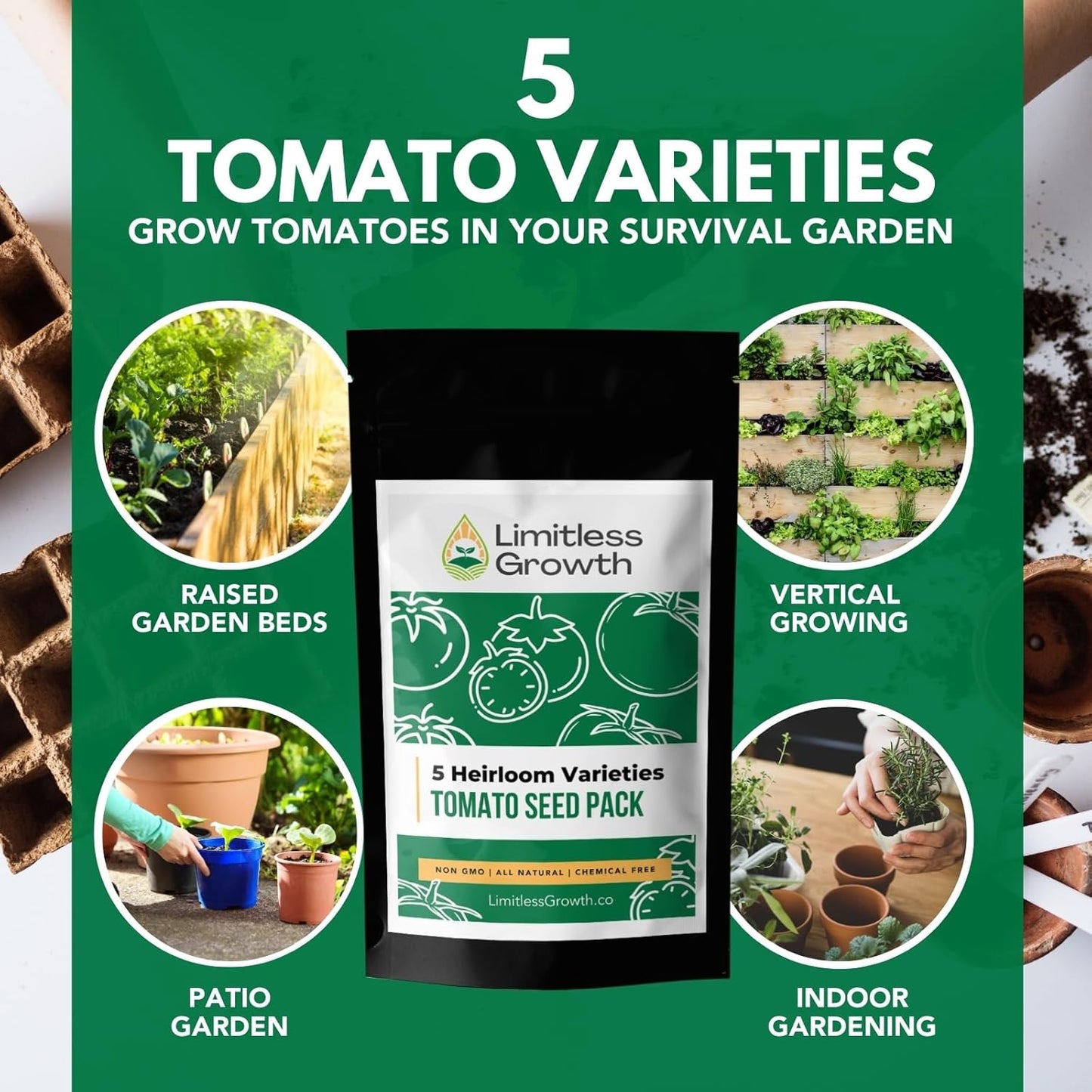 Tomato Heirloom Seed Varieties - 5 Varieties - Seeds for Your Canada Survival Garden! Jubilee, Pink Brandywine , Toma Verde