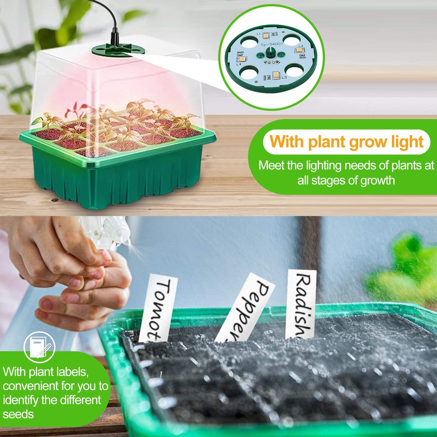 Seed Starter Tray With Grow Light, 5 Pack Greenhouse Mini Seeding Starter Kit with Adjustable Humidity Domes Covers Extra Large Gardening Plant Trays for Seeds Growing Starting (Green, 60 Cells Total)