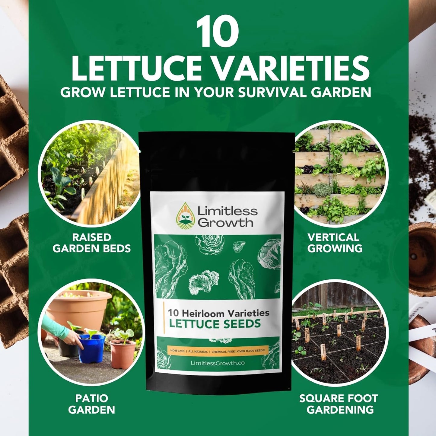 Lettuce Seed Variety Pack - 10 Heirloom Varieties - 10,000+ Seeds! Non-GMO - Romaine, Red Lettuce, Green Lettuce, Iceberg, & More!