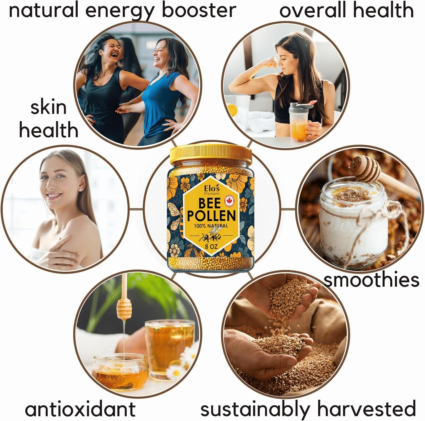 ELO’S PREMIUM Bee Pollen Granules 8oz (227g) – 100% Pure Wildflower Bee Pollen | Natural Canadian Superfood – Product of Canada