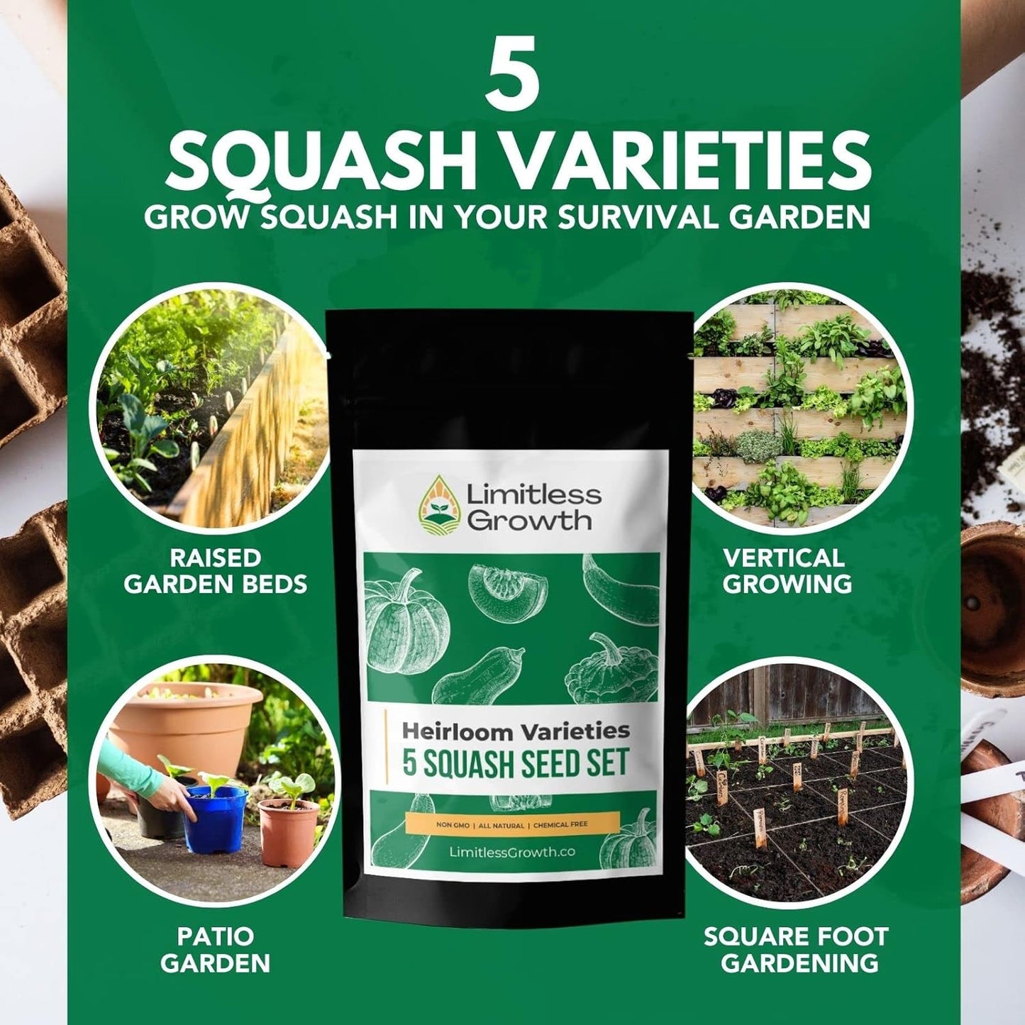 Squash Seed Variety Pack - 5 Heirloom Varieties - Spaghetti Squash, Butternut, Table Queen Acorn, Zucchini, White Scallop - Squash Seeds for Your Canadian Garden