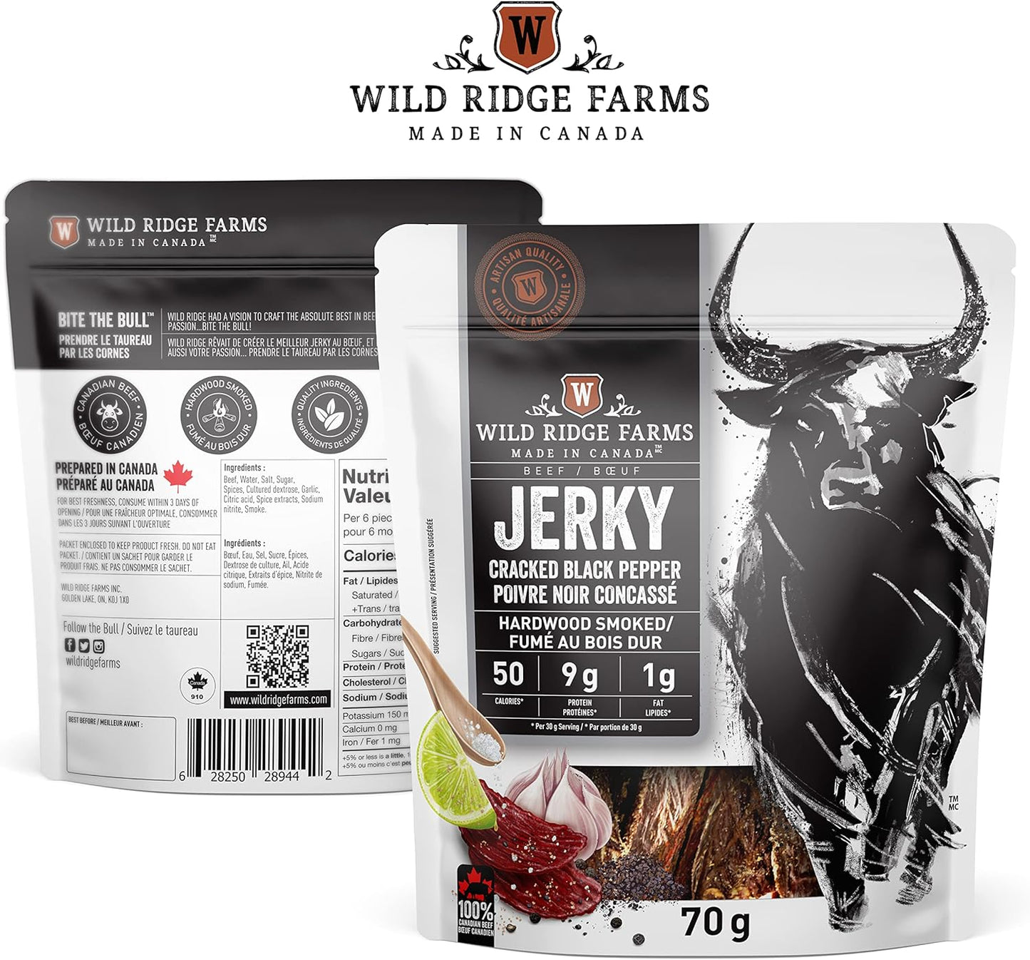 Wild Ridge Farms Jerky Cracked Black Pepper, Hardwood Smoked, Made in Canada , 70 g,