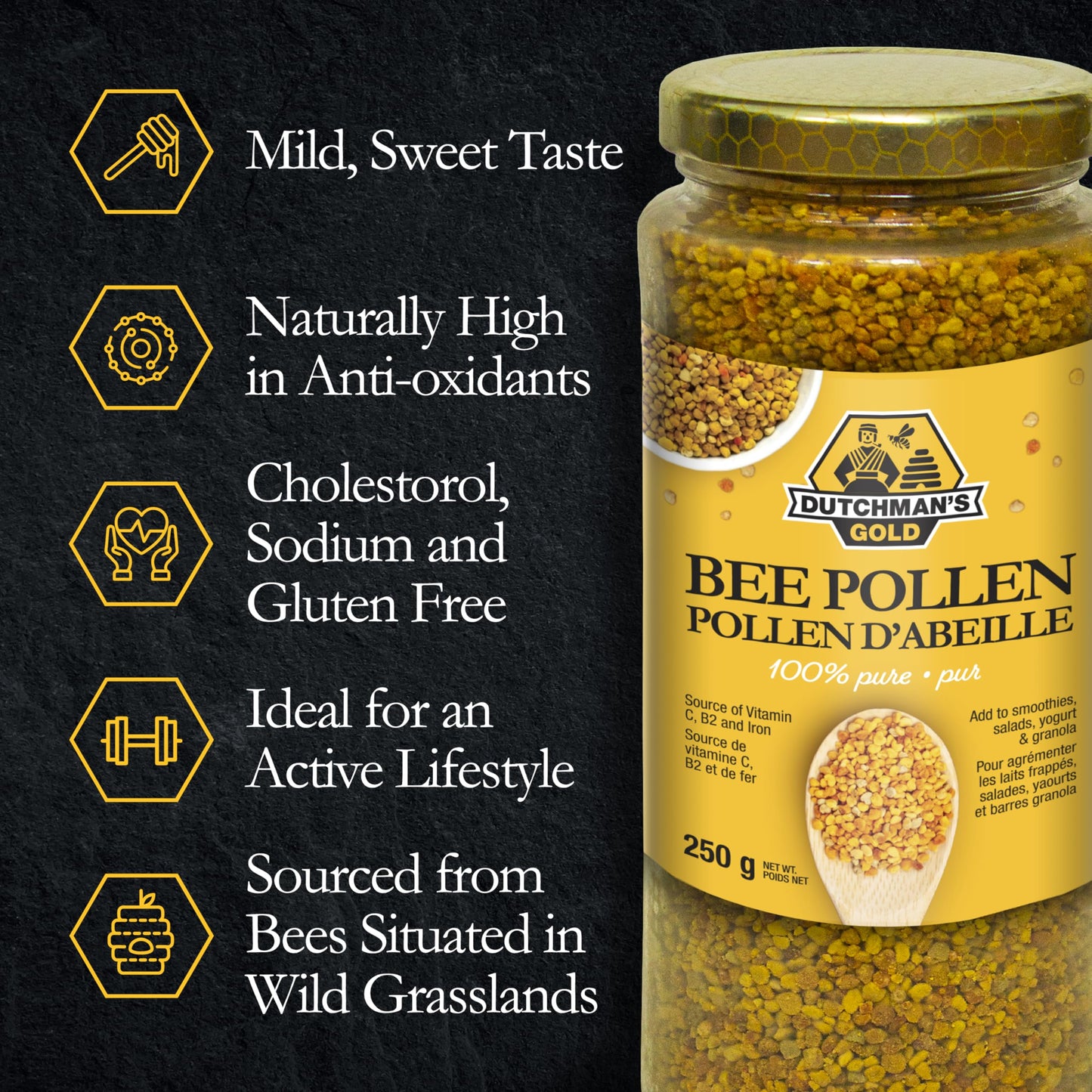 Dutchman’s Gold Bee Pollen Granules 250g – 100% Pure Canadian Dried Bee Pollen Superfood | Rich in Vitamins, Minerals & Protein