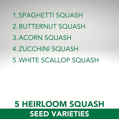 Squash Seed Variety Pack - 5 Heirloom Varieties - Spaghetti Squash, Butternut, Table Queen Acorn, Zucchini, White Scallop - Squash Seeds for Your Canadian Garden