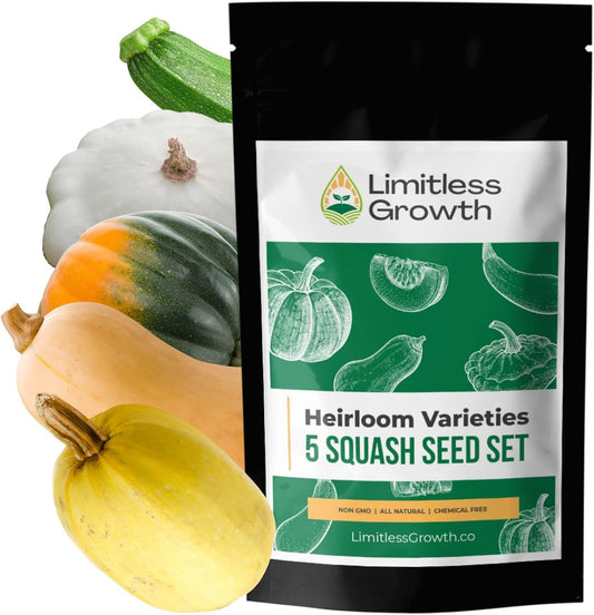 Squash Seed Variety Pack - 5 Heirloom Varieties - Spaghetti Squash, Butternut, Table Queen Acorn, Zucchini, White Scallop - Squash Seeds for Your Canadian Garden