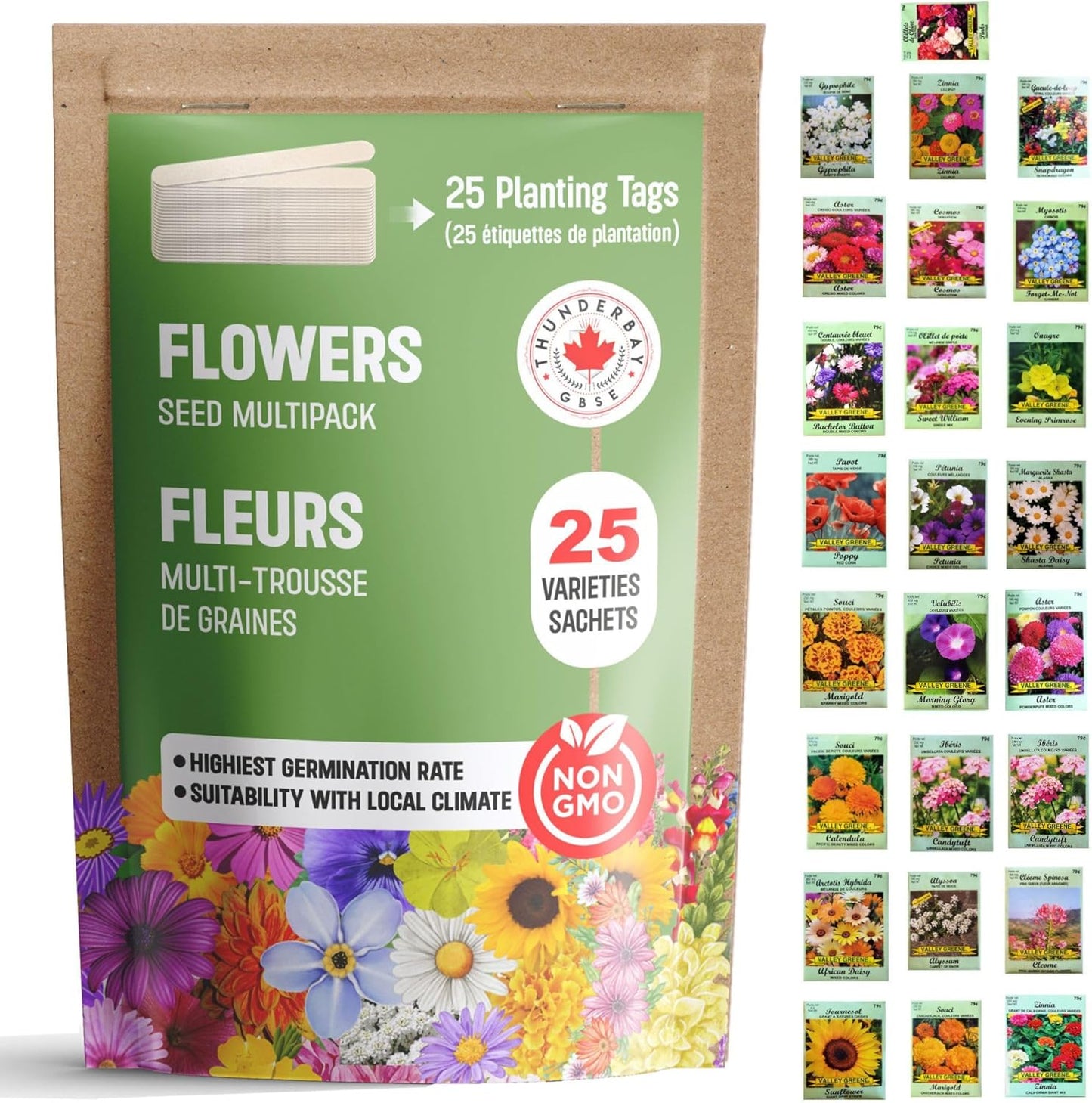25 Packs Sachets Canadian Wild Flowers Varieties Heirloom Seeds Packets Seeds with 25 Planting Labels.