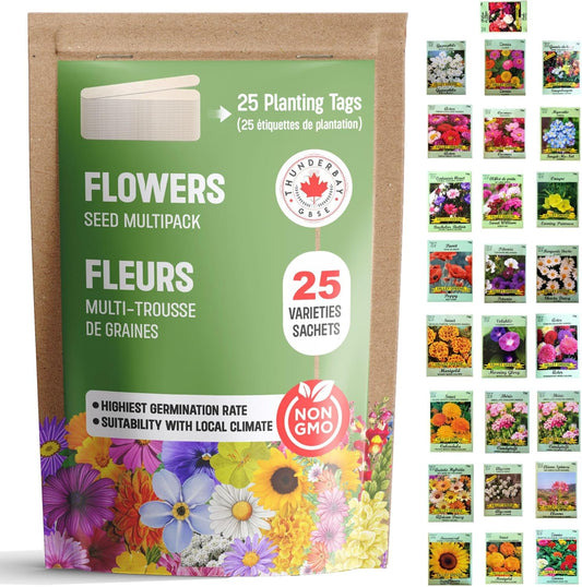 25 Packs Sachets Canadian Wild Flowers Varieties Heirloom Seeds Packets Seeds with 25 Planting Labels.