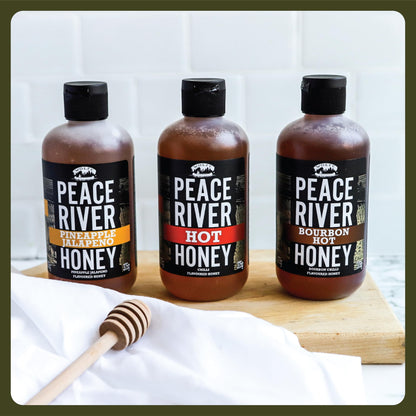 Peace River Hot Honey Pineapple & Jalapeno  | Medium Heat | Kosher Certified | Spicy Honey | Sustainably Sourced in Canada | Perfect for Drizzling, Glazing & Cooking | Squeeze Bottle 375g