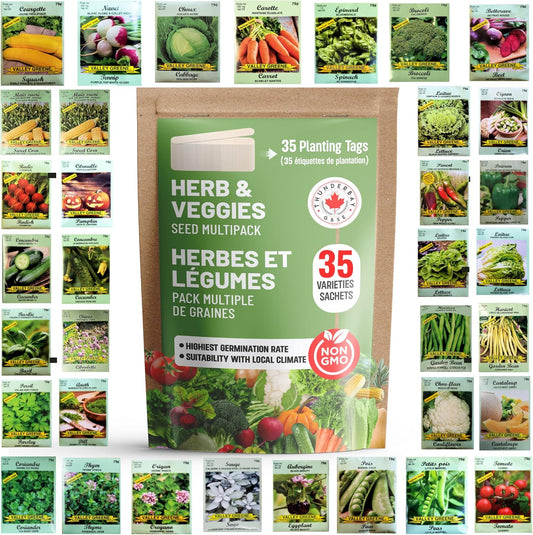 Vegetable & Herb Seed Variety Pack of 35 Heirloom Sachets Approx. 6000 Seeds(100% Non GMO,35 Individually Packed Sachets, 35 Planting Tags)